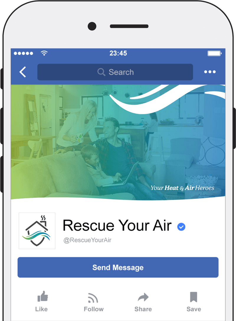 iPhone with Rescue Your Air's Facebook page displayed.